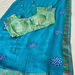 Blue Green Georgette Sari with Sequins